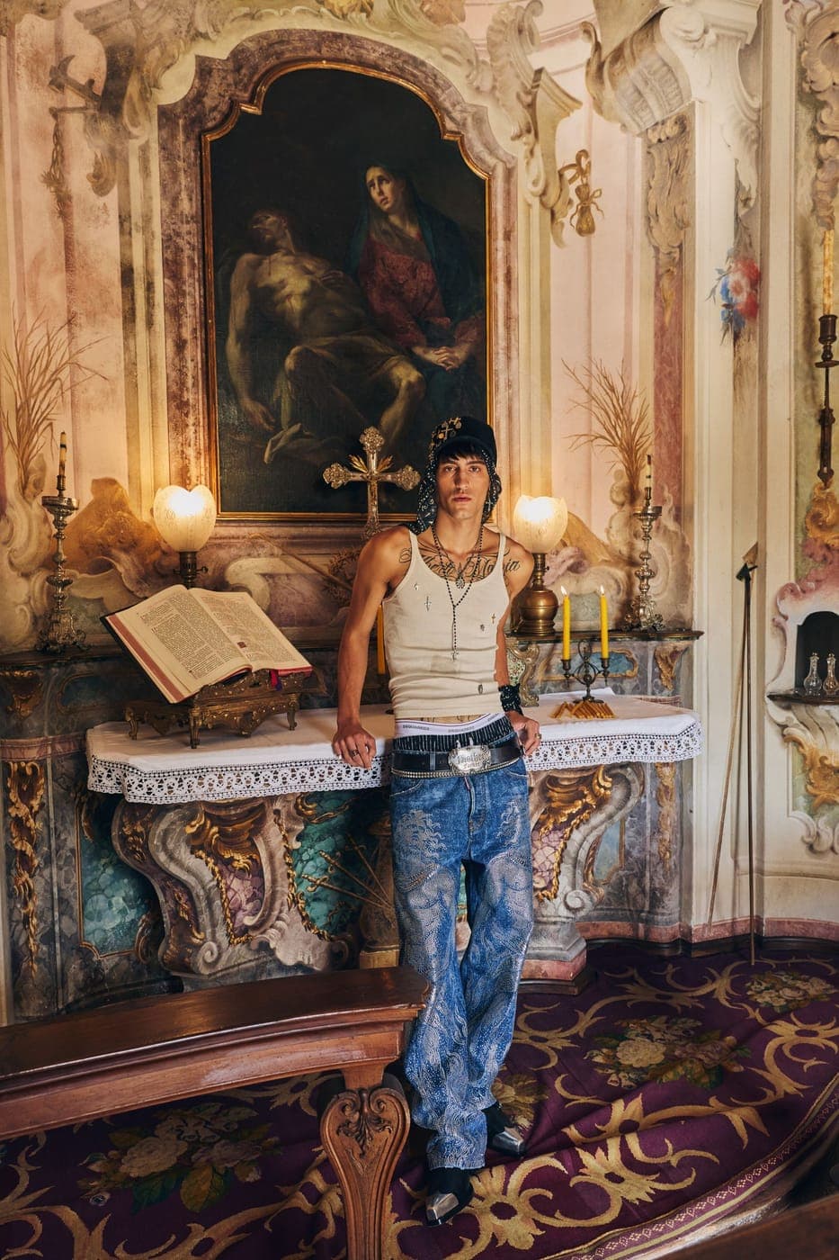 Dsquared2 distressed jeans in an Italian chapel