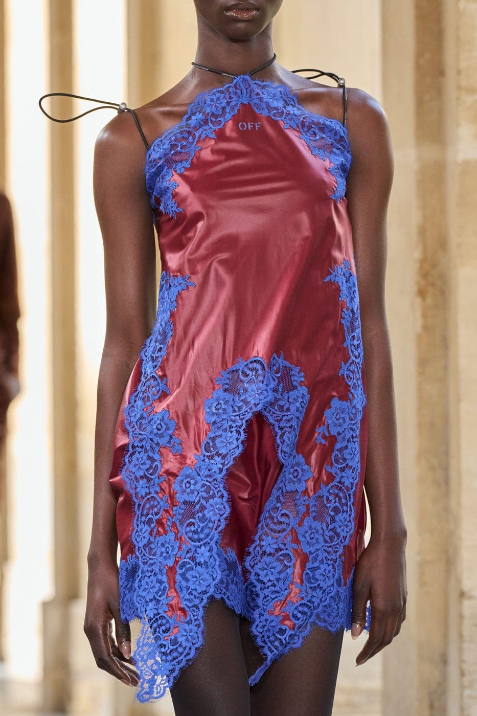 Off-White satin dress with blue lace