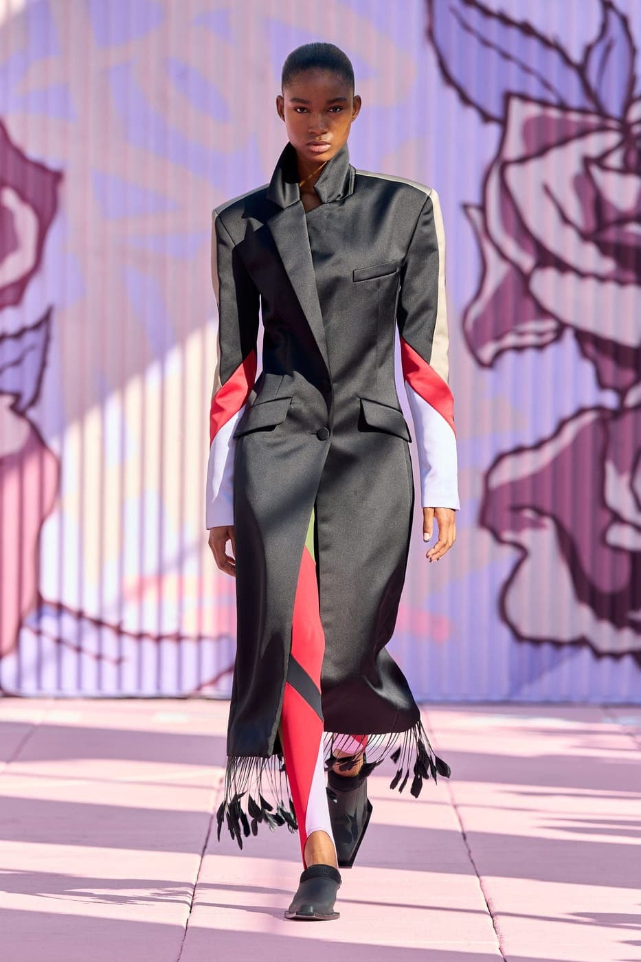Off-White runway, suit with red stripes