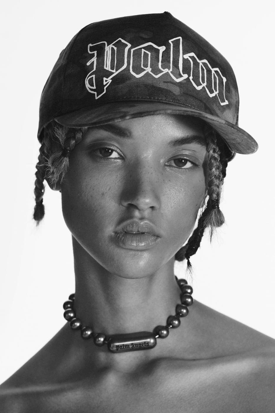 Palm Angels cap with gothic logo, black and white portrait